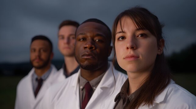 A diverse team of scientists in lab coats stands together outdoors at twilight looking forward with determination