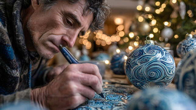 A man is writing on a blue ornament