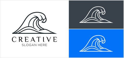 A graphic design showcasing a stylized ocean wave logo in black outline on white, with two white outline variations on dark grey and blue backgrounds.