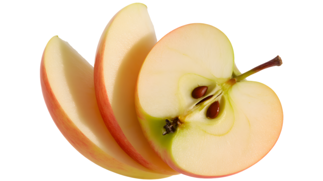 Freshly sliced red apple showing seeds and stem isolated on transparent background