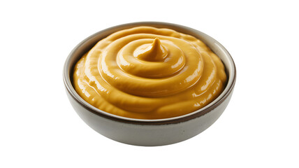 A bowl of creamy yellow mustard sauce with swirls isolated on transparent background
