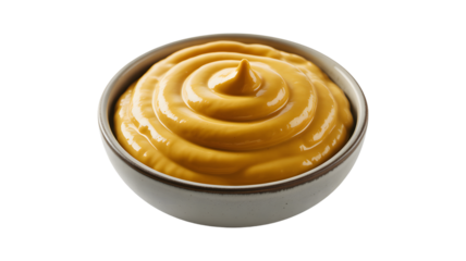 A bowl of creamy yellow mustard sauce with swirls isolated on transparent background