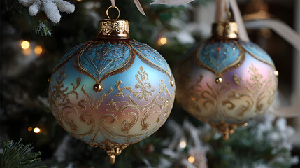 Two blue and gold ornaments hanging from a tree