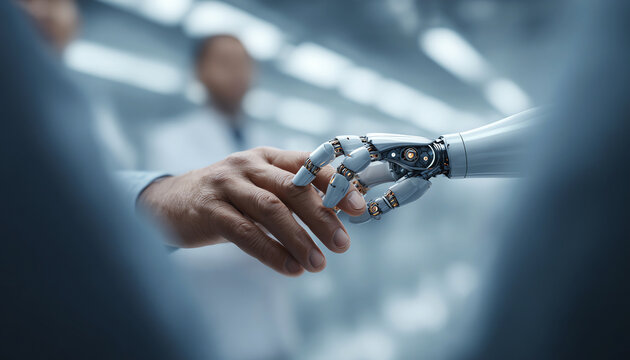 Human hand and robotic arm connection futuristic concept of collaboration. Artificial intelligence technology in future interaction create trust