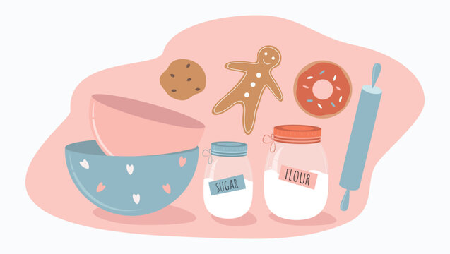 vector illustration in a flat style - a set of pictures on the theme of baking.  flour, products and tools for baking