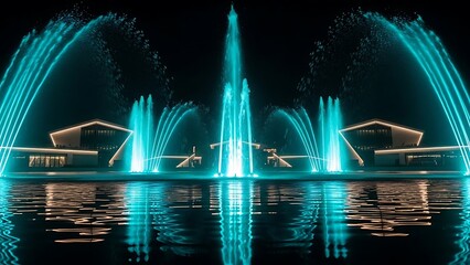 Spectacular Nighttime Water Fountain Show with Turquoise Lights.