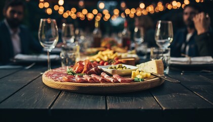 Gourmet charcuterie board laid out on a dark wooden table at an outdoor evening dinner party with festive bokeh lights, concept for gourmet dining, social gatherings and celebration events