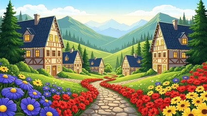 &ldquo;Peaceful Mountain Village Landscape with Cozy Cottages and Lush Greenery&rdquo;