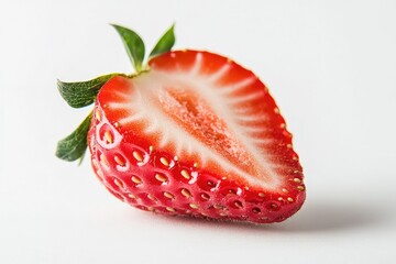 A vibrant strawberry with a green stem and leaves, set against a white background.