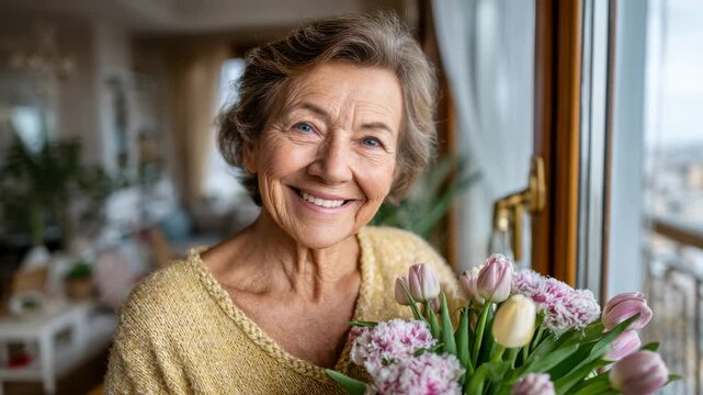 Elderly woman smiles while holding flowers at home near window during daytime
