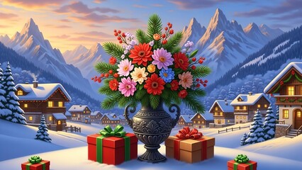 Cozy Christmas Village at Sunset with Flowers and Holiday Gifts | Winter Wonderland Art