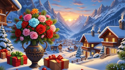 Cozy Christmas Village at Sunset with Flowers and Holiday Gifts | Winter Wonderland Art