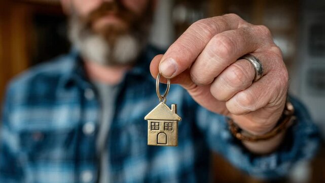 Man holds a house keychain in a cozy home setting while dressed in a blue checkered shirt