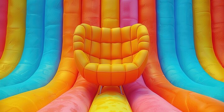 Vibrant orange chair with colorful rainbow background invites creativity and fun