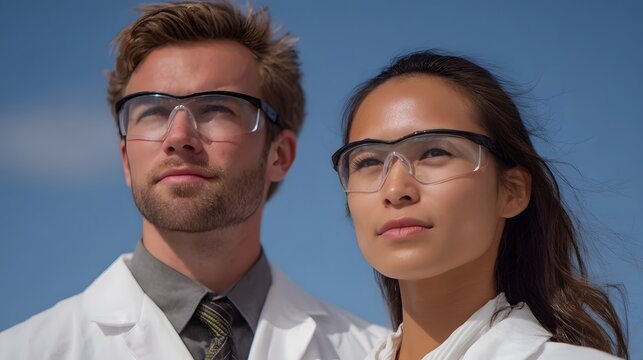 Two diverse professionals wearing lab coats and safety goggles look upwards towards a bright blue sky embodying scientific explo n and hope - Powered by Adobe