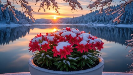 &ldquo;Snow-Covered Red Flowers by Frozen Lake at Sunrise &ndash; Winter Landscape Beauty&rdquo;