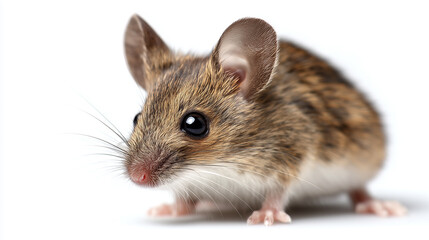 A closeup studio shot of a tiny brown-striped mouse rat with soft white fur, big black eyes, and long whiskers. Perfect for pet, animal, and wildlife themes in stock collections.