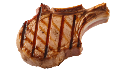 Grilled pork chop with grill marks isolated on transparent background