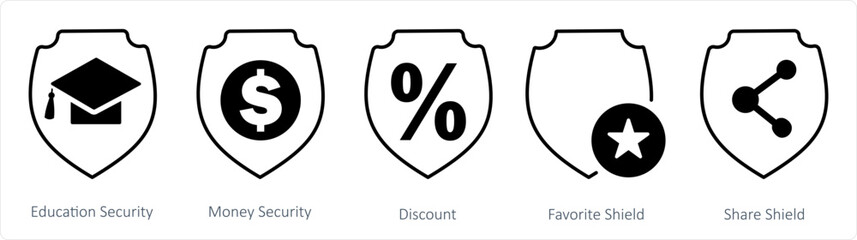A set of 5 internet icons as education security, money security, discount