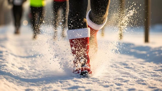 Runner in red boots jogging through snow on a winter day  