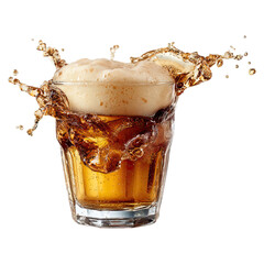 Golden beer wave crashing in fluid motion concept. Refreshing beverage with frothy foam splashing from a glass.