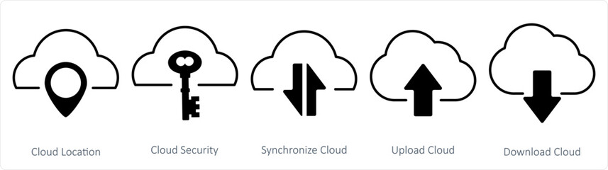 A set of 5 internet icons as cloud location, cloud security, synchronize cloud
