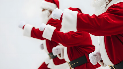 Group of Santa Claus characters marching in coordinated steps  