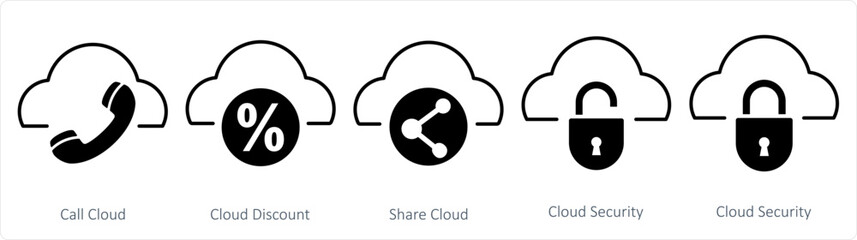 A set of 5 internet icons as call cloud, cloud discount,  share cloud