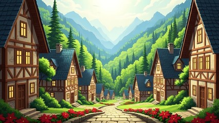 &ldquo;Peaceful Mountain Village Landscape with Cozy Cottages and Lush Greenery&rdquo;