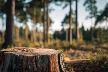 Fototapeta premium Freshly cut tree stump in sharp focus against a soft blurred forest at sunrise.