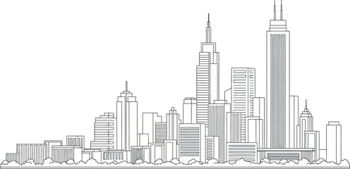 Fototapeta premium Minimalist outline city skyline vector illustration featuring modern skyscrapers and urban architecture. clean cityscape art. Vector