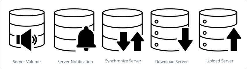 A set of 5 internet icons as server volume, server notification, synchronize server