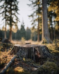 Freshly cut tree stump in sharp focus against a soft blurred forest at sunrise.