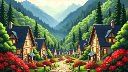 &ldquo;Peaceful Mountain Village Landscape with Cozy Cottages and Lush Greenery&rdquo;