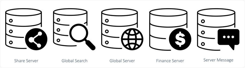 A set of 5 internet icons as share server, global search, finance server