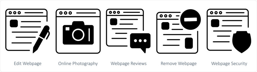 A set of 5 internet icons as edit webpage, online photography, webpage reviews