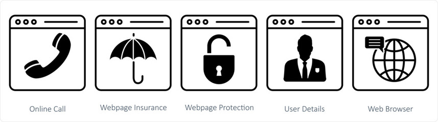 A set of 5 internet icons as online call, webpage insurance, webpage protection