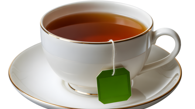 White ceramic teacup with golden rim filled with hot tea and green tea bag tag isolated on transparent background