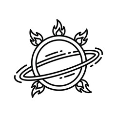 Abstract fiery planet with orbiting rings line art vector design