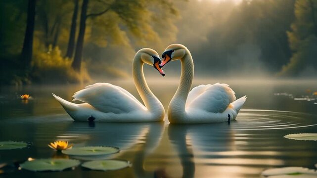Serene Forest Lake with Two Elegant Swans Gliding Among Water Lilies at Sunrise, Surrounded by Lush Greenery and Reflections on Calm Water