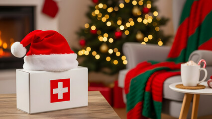 First aid kit with Santa hat on table by Christmas tree and fireplace  