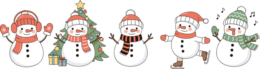 Cute Vector Collection of Christmas and Winter Snowman Characters, Wearing Scarves, Hats, and Mittens, Engaged in Festive Activities like Ice Skating and Standing Next to a Decorated Tree