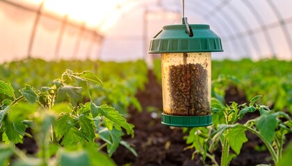 Pest trap hangs amidst lush, green tomato plants in a bright greenhouse, rows receding into soft-lit distance