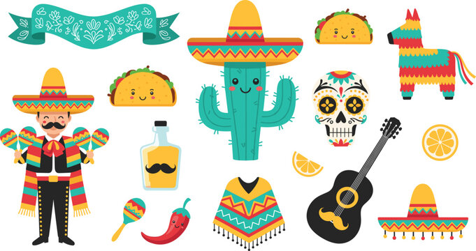 Vibrant Cinco de Mayo and Mexican Party Vector Collection Set Illustrating a Mariachi Man, Sombrero, Cactus, Pinata, Guitar, Tacos, and Day of the Dead Sugar Skull Elements