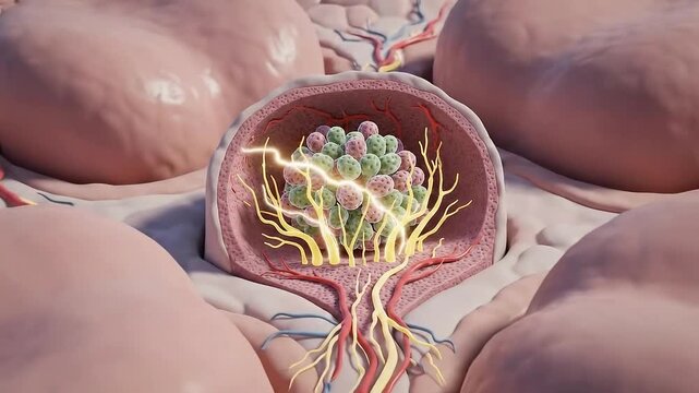 Detailed Anatomical View of Glomerulus Structure in Kidney Tissue on Pink Background Demonstrating Filtration Process and Cellular Components in a Medical