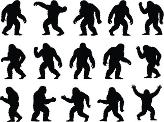 Bigfoot silhouette icon set, cryptid creature pose variation, walking crouching motion graphics, black white vector, cad drawing flat vector illustration