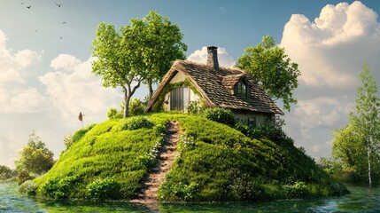 A quaint cottage nestled on a lush green island in a serene lake, with a thatched roof and a chimney, surrounded by trees and a cloudy sky.