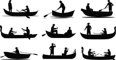 Boating silhouette icon set, gondola and rowboat figure collection, water activity poses, black white vector, cad drawing flat vector illustration © Vexora Studio