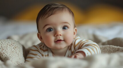 A baby lying on a blanket with a yellow and white striped shirt.