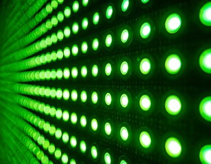 Close-up of wall with illuminated green circular lights arranged